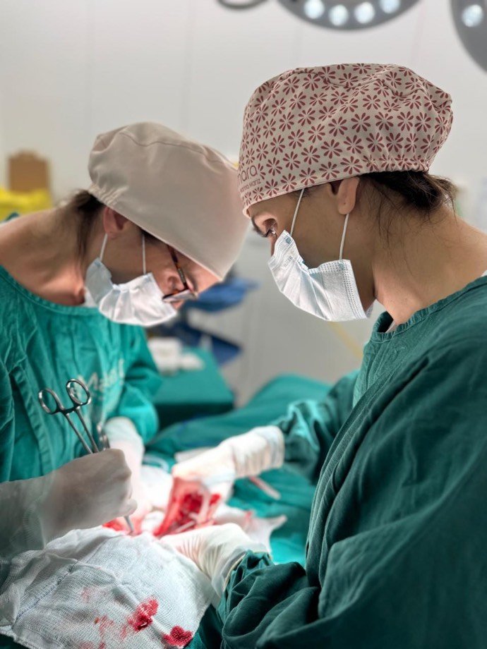 Duas profissionais de saúde de avental verde, touca e máscara realizam um parto cesárea no centro cirúrgico.